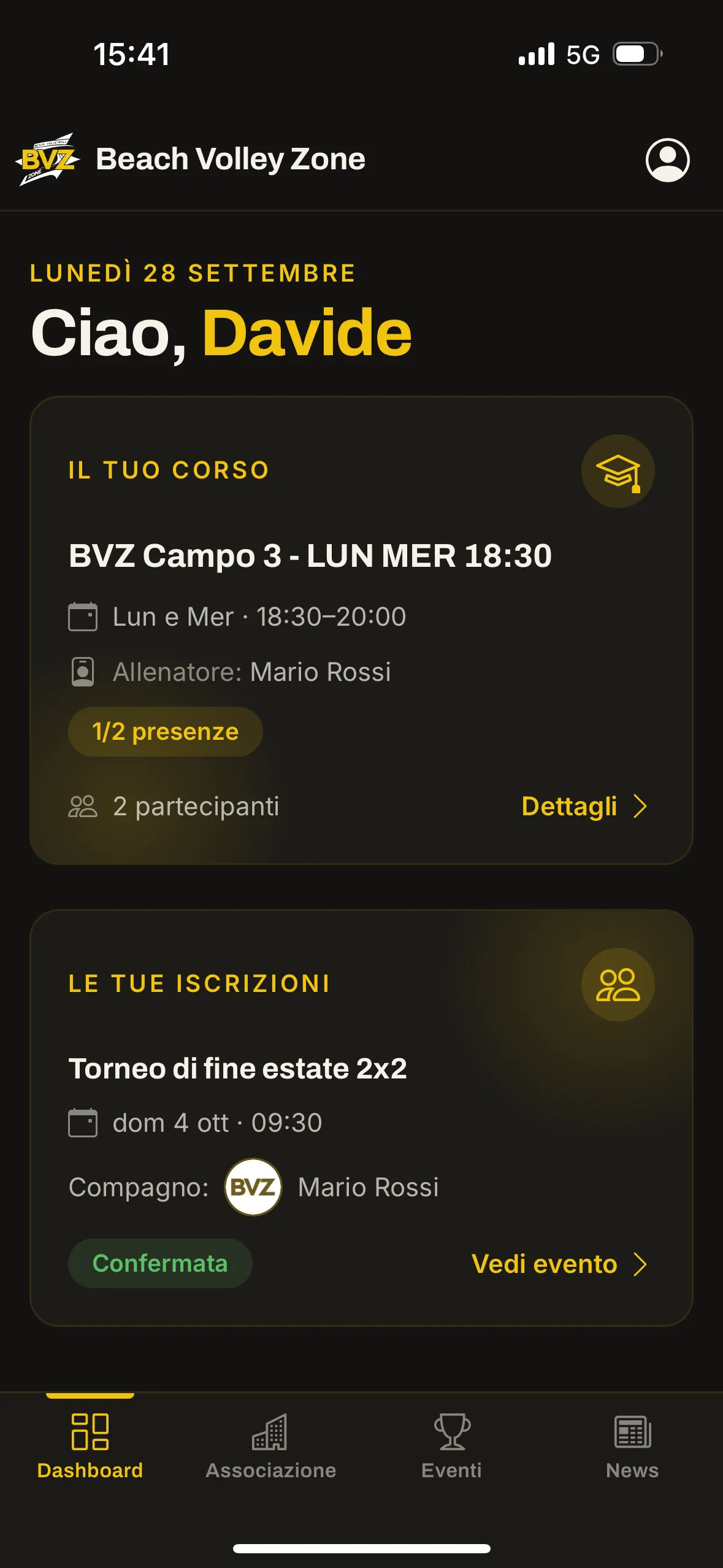Schermata dell'App BVZ: la dashboard con il tuo corso, le presenze e le iscrizioni ai tornei